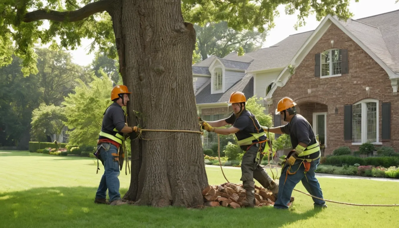 Tree removal crew lowering a section of a large oak beside a house in South Fulton